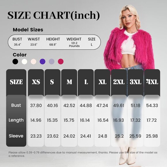 Women's Faux Fur Coat Rose Red Slim Cropped Fuzzy Fluffy Fall Winter Jacket - Picture 3 of 5